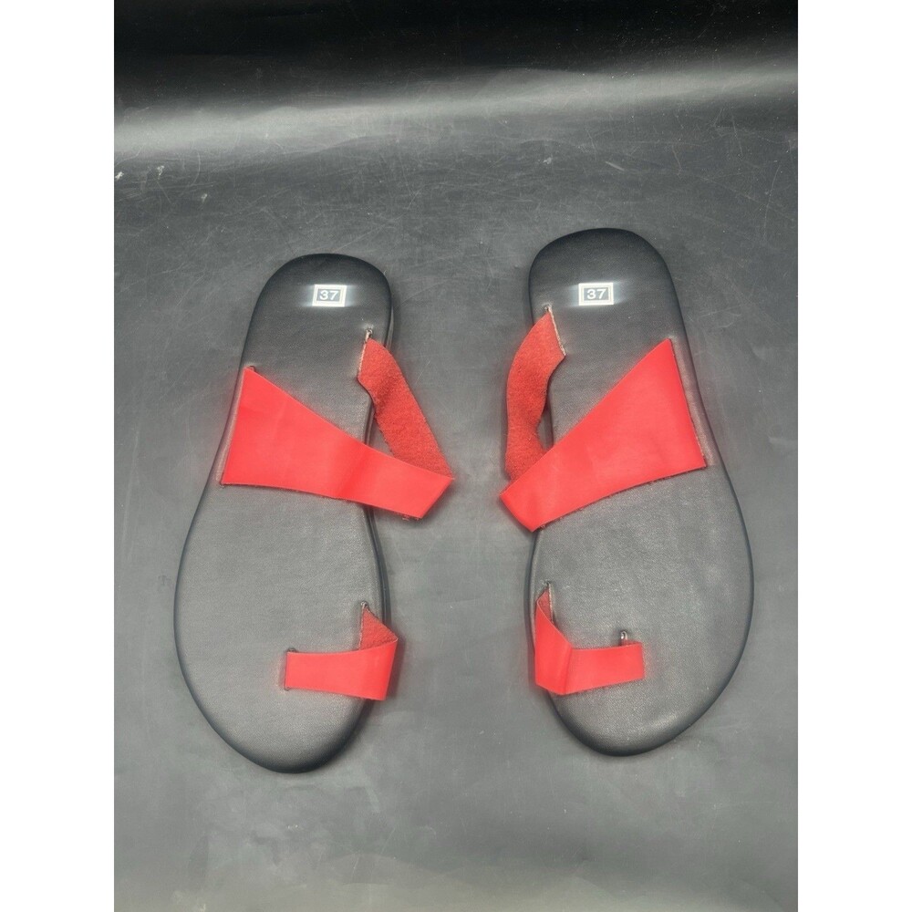 Womens Red Leather Toe Ring Sandals Flat Slide Shoes Slip On EU 37 US 6.5